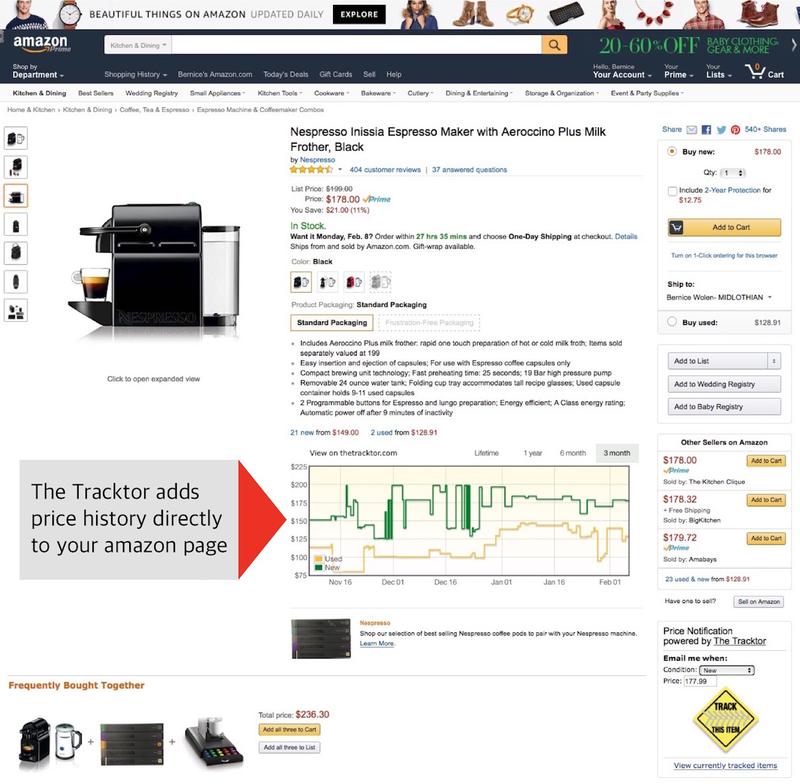 The Amazon price tracker, Tracktor, displays a price history directly in your Amazon page