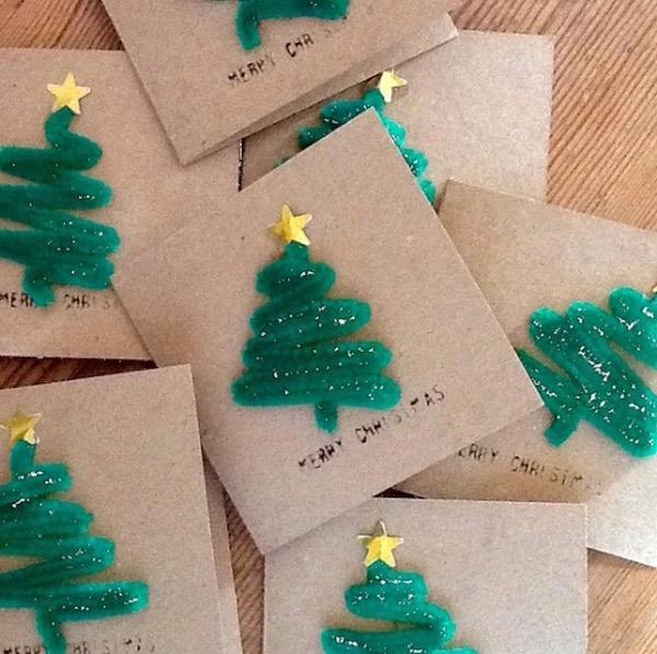 Pipe Cleaner Christmas Trees - Simple Card Making Ideas for Kids via @stitchesandpress