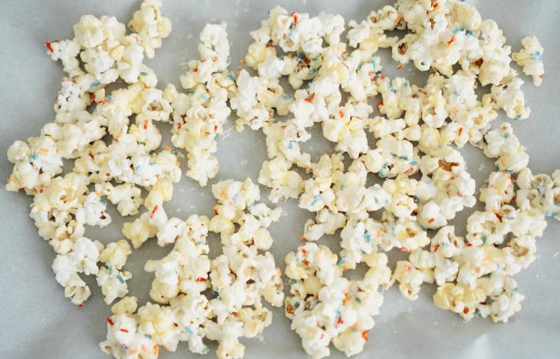 White chocolate popcorn with sprinkles